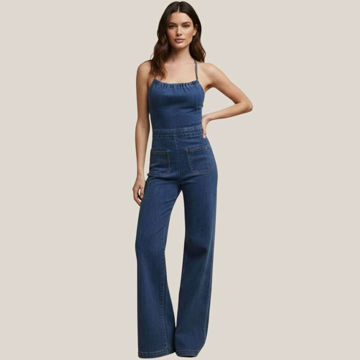 Flared Denim With Tie Back Jumpsuit