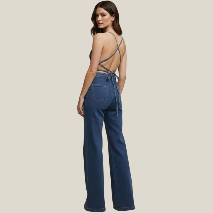 Flared Denim With Tie Back Jumpsuit