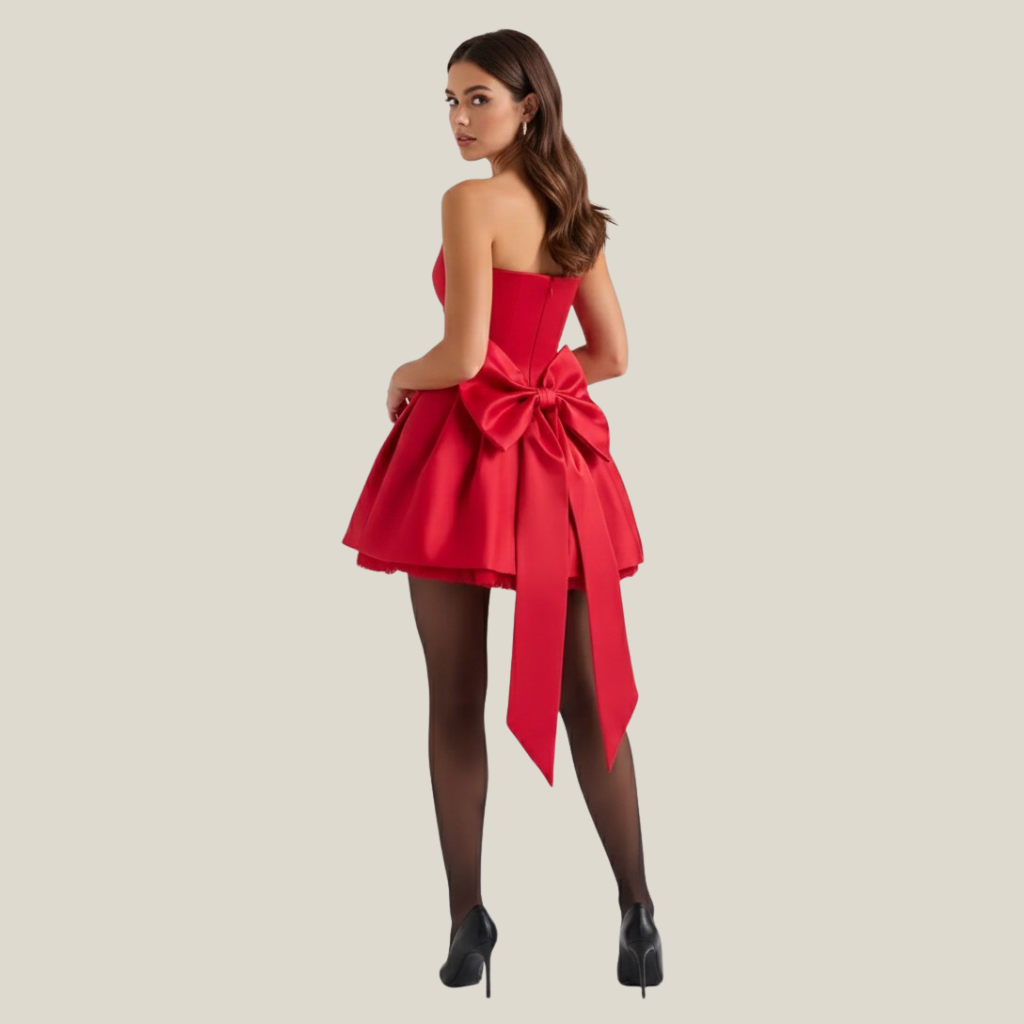 Red Satin Detachable Bow Mini Dress