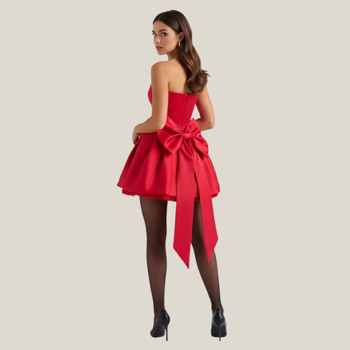 Red Satin Detachable Bow Mini Dress