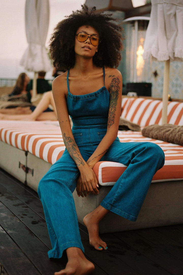 Flared Denim With Tie Back Jumpsuit